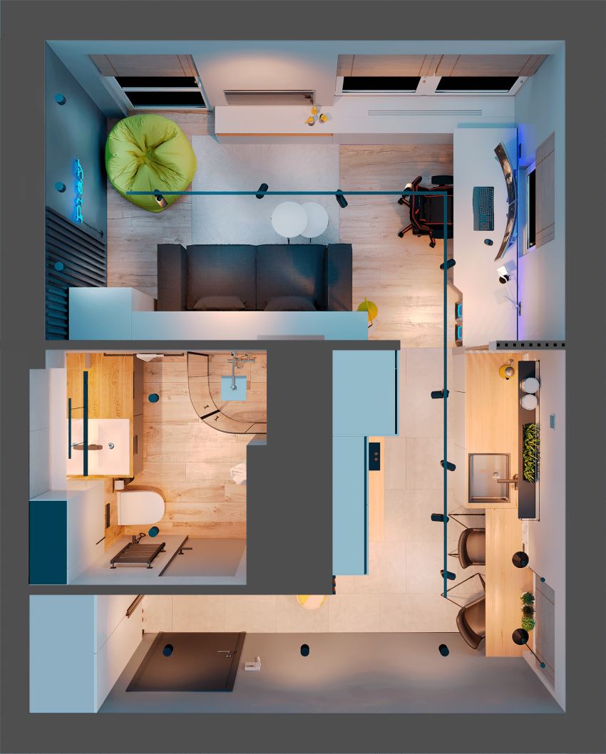 Дизайн квартиры-студии с двумя окнами