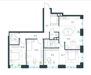 Планировка 4-комнатной квартиры в Level Причальный - тип 2
