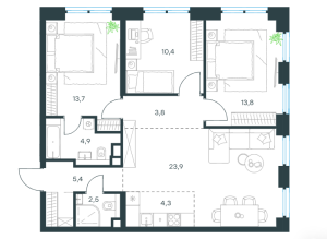 Планировка 4-комнатной квартиры в Level Причальный - тип 1