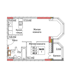 Планировка 1-комнатной квартиры в Клюквенный
