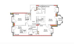 Планировка 4-комнатной квартиры в Клюквенный - тип 1