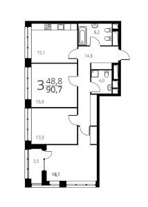 Планировка 3-комнатной квартиры в Родной город. Воронцовский парк