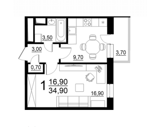Планировка 1-комнатной квартиры в Родной город. Каховская