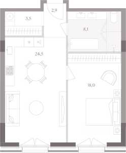 Планировка 1-комнатной квартиры в Тессинский, 1