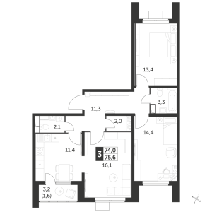 Планировка 3-комнатной квартиры в 1-й Лермонтовский