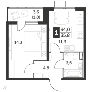 Планировка 1-комнатной квартиры в 1-й Лермонтовский