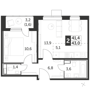 Планировка 2-комнатной квартиры в 1-й Лермонтовский