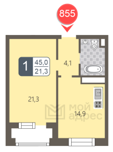 Планировка 1-комнатной квартиры в Мой адрес на Береговом