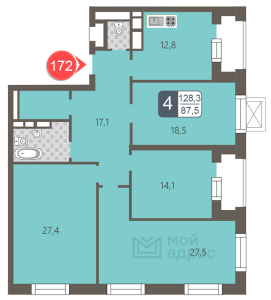 Планировка 4-комнатной квартиры в Мой адрес на Береговом - тип 1