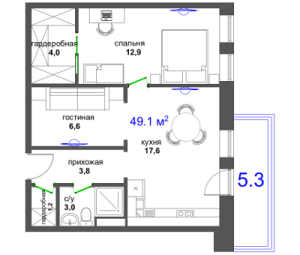 Планировка 2-комнатной квартиры в Октябрь