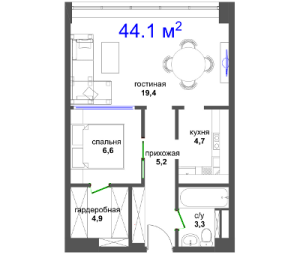 Планировка 1-комнатной квартиры в Октябрь