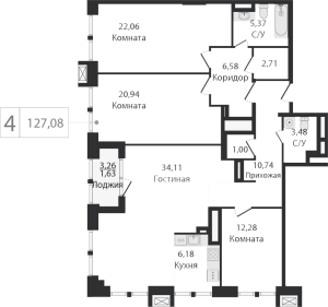 Планировка 4-комнатной квартиры в Dream Towers - тип 1