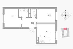 Планировка 2-комнатной квартиры в Аникеевский