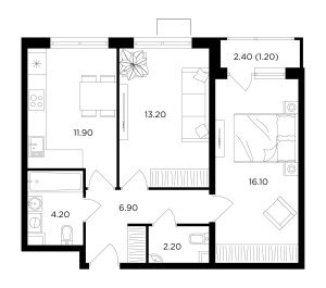 Планировка 2-комнатной квартиры в Миловидное