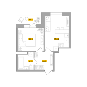 Планировка 2-комнатной квартиры в Радость