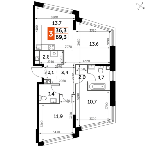 Планировка 3-комнатной квартиры в Rotterdam