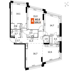 Планировка 4-комнатной квартиры в Rotterdam - тип 1