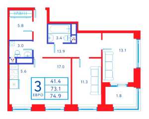 Планировка 3-комнатной квартиры в Атлантис