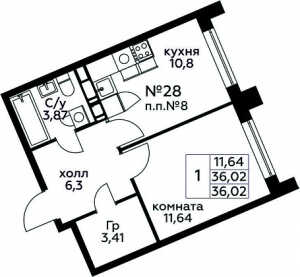 Планировка 1-комнатной квартиры в Квартал Румянцево