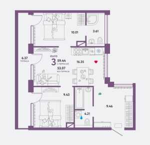 Планировка 3-комнатной квартиры в Wow