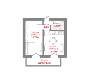 Планировка 1-комнатной квартиры в Ленинские горки - тип 1