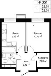 Планировка 1-комнатной квартиры в Октябрьская, 98