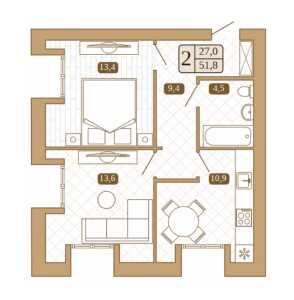 Планировка 2-комнатной квартиры в Белый город