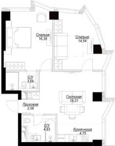 Планировка 2-комнатной квартиры в Famous