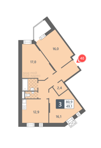 Планировка 3-комнатной квартиры в Мой адрес На Варшавском 139