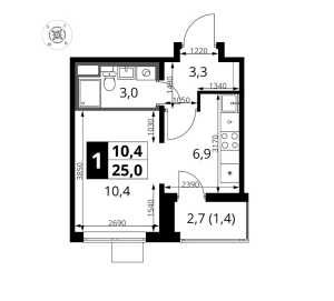Планировка 1-комнатной квартиры в 1-й Шереметьевский