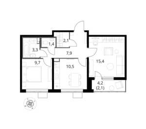 Планировка 2-комнатной квартиры в 1-й Южный