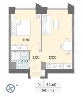 Планировка 1-комнатной квартиры в Обручева 30