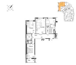 Планировка 3-комнатной квартиры в Школьный (Остов)