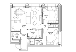 Планировка 2-комнатной квартиры в Noble