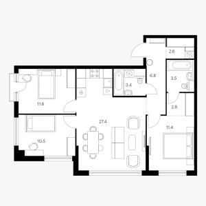 Планировка 3-комнатной квартиры в Кутузовский квартал