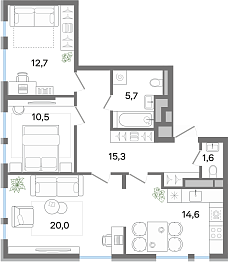 Планировка 3-комнатной квартиры в G3 Театральный