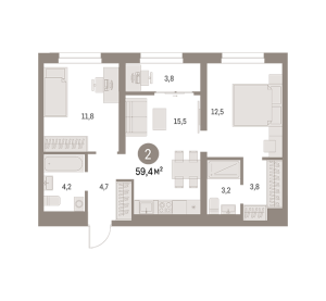 Планировка 2-комнатной квартиры в Метроном