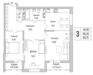 Планировка 3-комнатной квартиры в Riga Hills