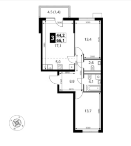 Планировка 3-комнатной квартиры в 1-й Ясеневский