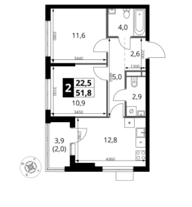 Планировка 2-комнатной квартиры в 1-й Ясеневский