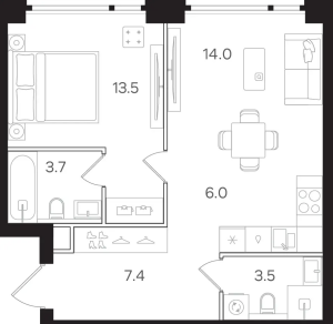 Планировка двухкомнатной квартиры в Мангазея в Богородском