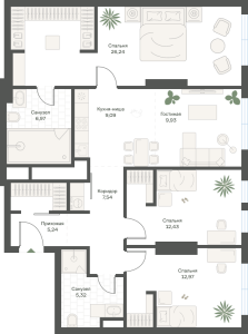 Планировка 3-комнатной квартиры в Новые Академики. Дом-оранжерея
