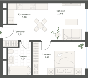 Планировка 2-комнатной квартиры в Новые Академики. Дом-оранжерея