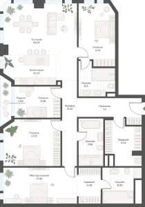 Планировка 4-комнатной квартиры в Новые Академики. Дом-оранжерея - тип 1