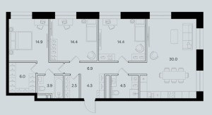 Планировка 3-комнатной квартиры в Мангазея на Речном