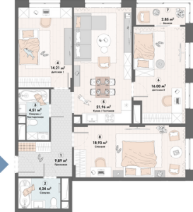 Планировка 3-комнатной квартиры в Триумф