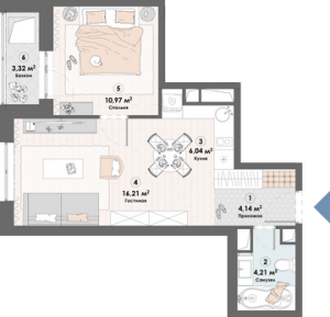 Планировка 2-комнатной квартиры в Триумф
