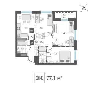 Планировка 3-комнатной квартиры в Зеленоград Ривьера