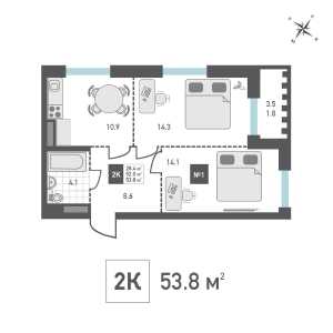 Планировка 2-комнатной квартиры в Зеленоград Ривьера