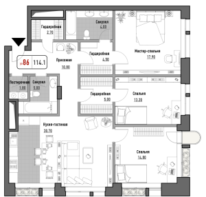 Планировка 4-комнатной квартиры в Реномэ - тип 3